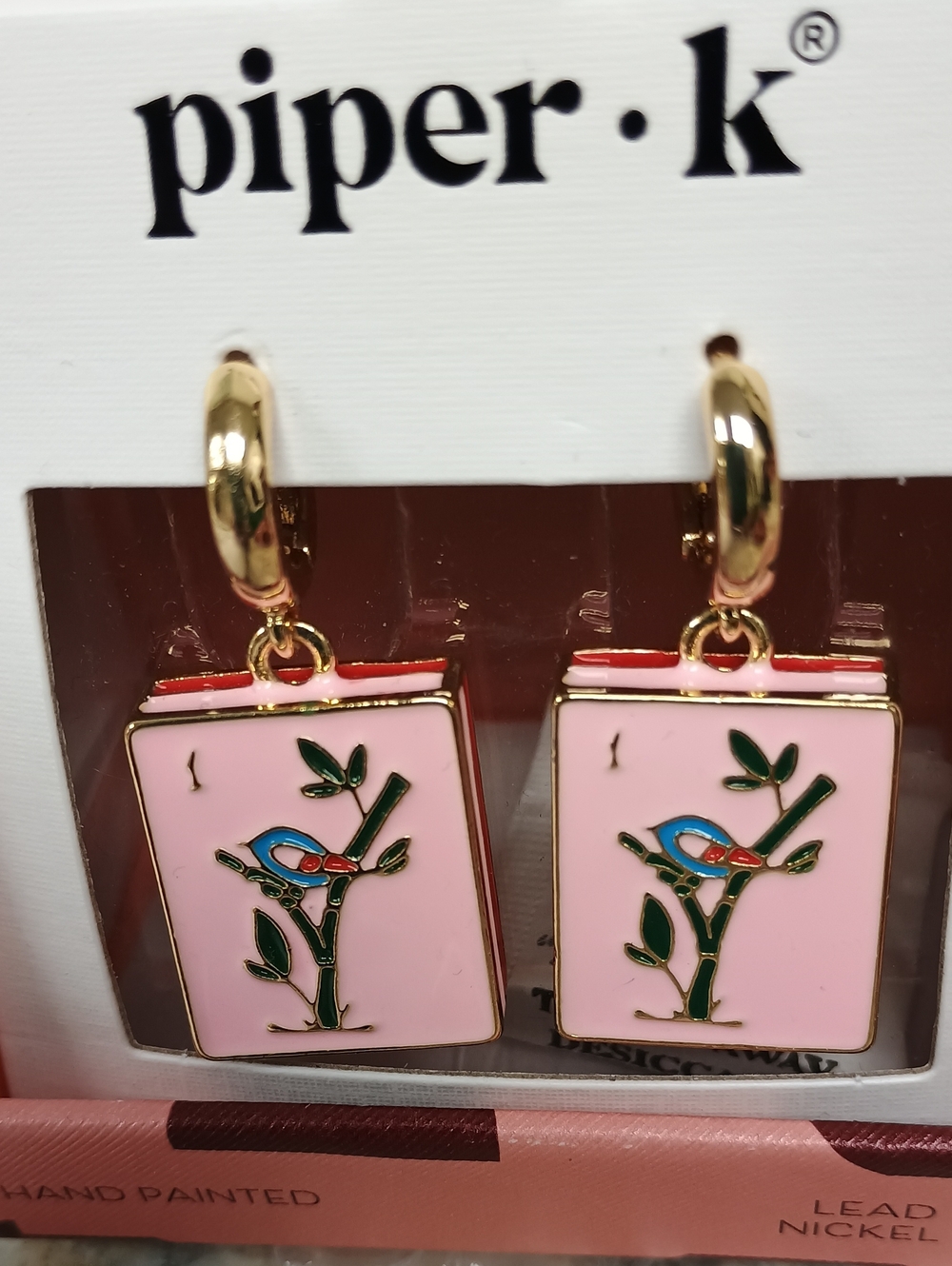 NWT Piper K Pink Enamel Mahjong Tile Bird Huggie Hoop Earrings Boxed. Viral